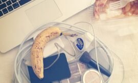 The things #in_my_bag today are quite interesting. MacBook Pro and plug, hard drive, memory card reader, makeup with brush, Aleve, a banana… And pie. #projectlife365